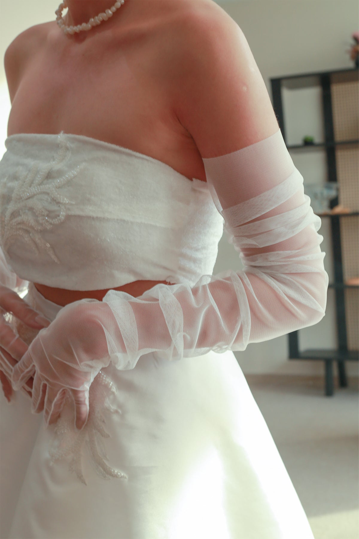 Premium Uzun Tül Eldiven Kırık Beyaz