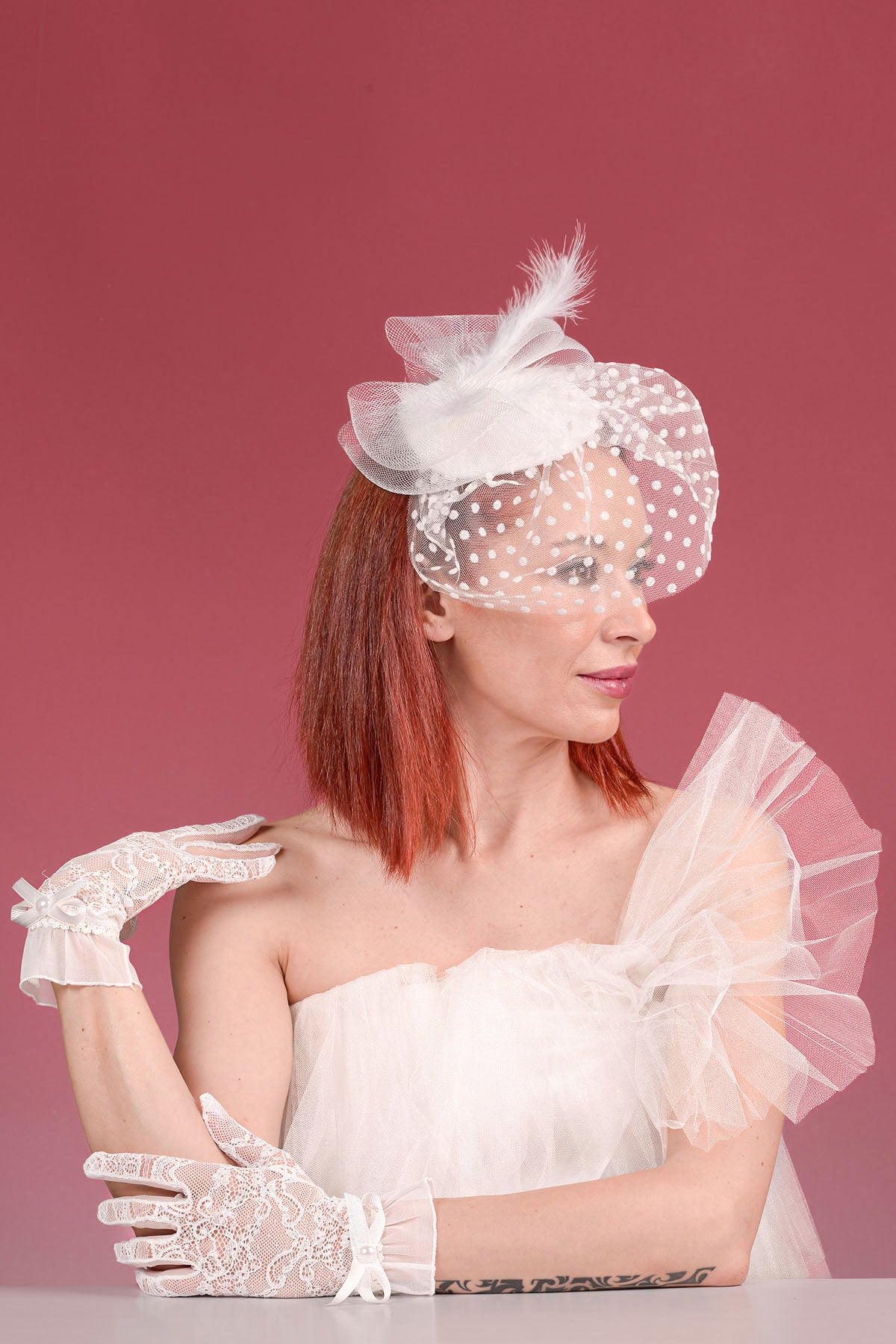 Puantiyeli Gelin Kepi Nikah Şapkası Ve Dantelli Gelin Eldiveni Kombin Set