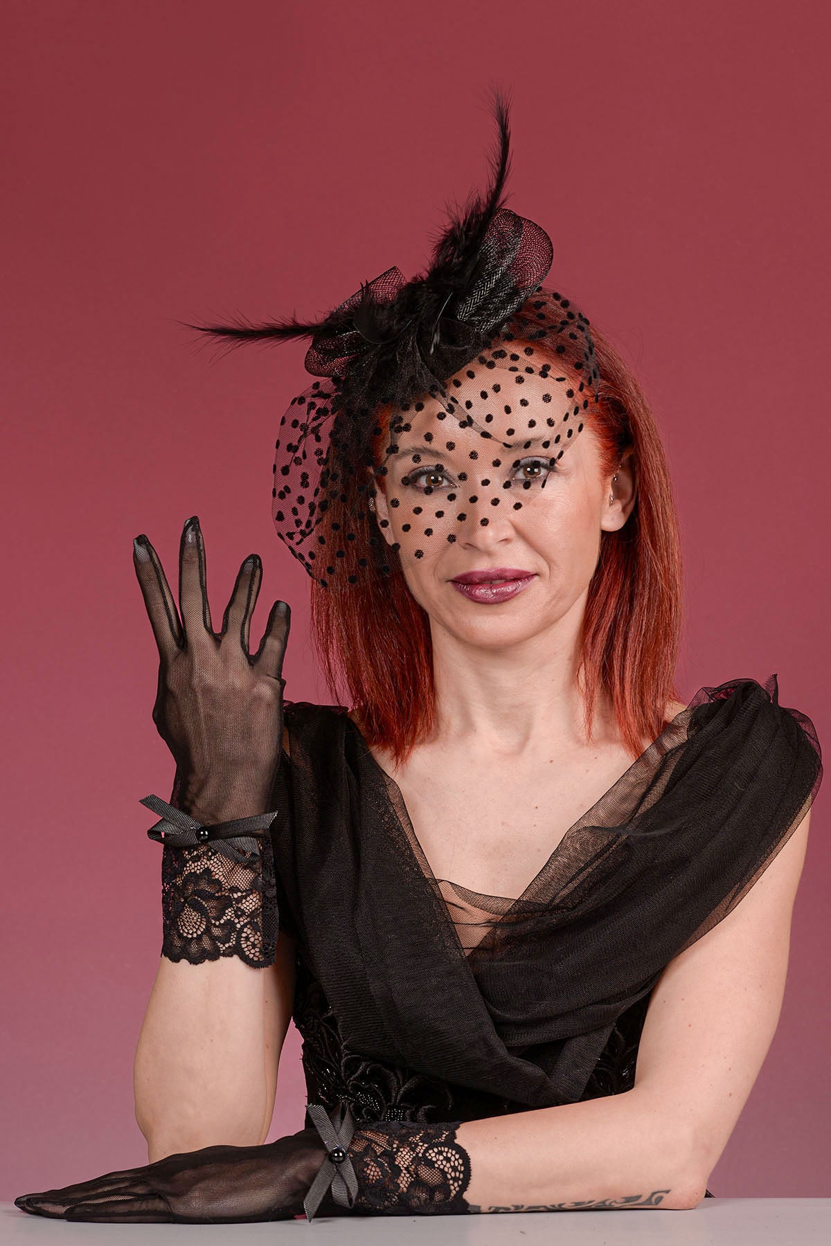 Puantiyeli Gelin Kepi Nikah Şapkası Ve Dantel Bilek Gelin Eldiveni Kombin Set