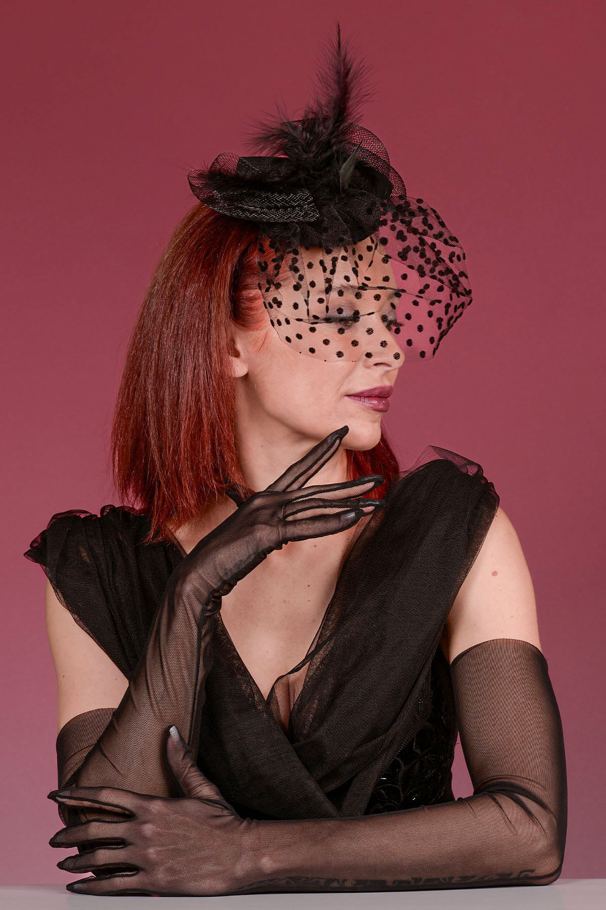 Puantiyeli Gelin Kepi Nikah Şapkası Ve Uzun Tül Gelin Eldiveni Kombin Set